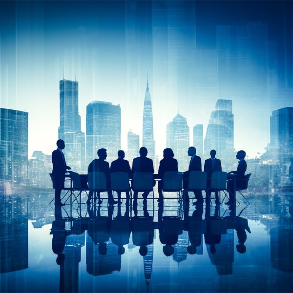 Background concept with business people having meeting and double exposure of a city skyline.