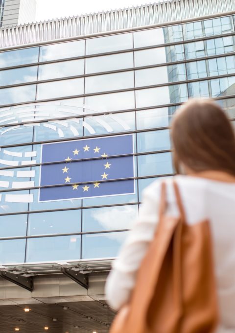 Young businesswoman standing back near the Parliament building of European Union in Brussel city