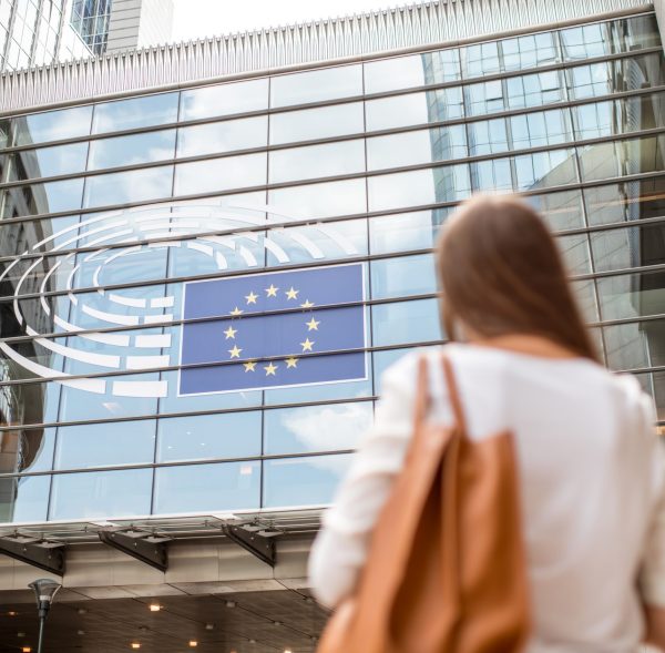 Young businesswoman standing back near the Parliament building of European Union in Brussel city