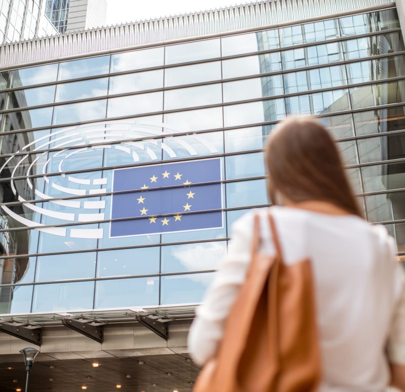 Young businesswoman standing back near the Parliament building of European Union in Brussel city